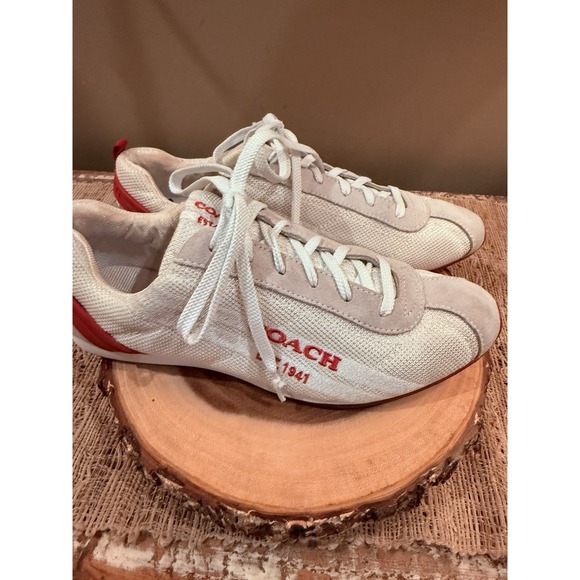 COACH MYLA 1941 SNEAKERS Womens 9M Suede Pink Leather & Beige White Mesh Sleek - Picture 3 of 16